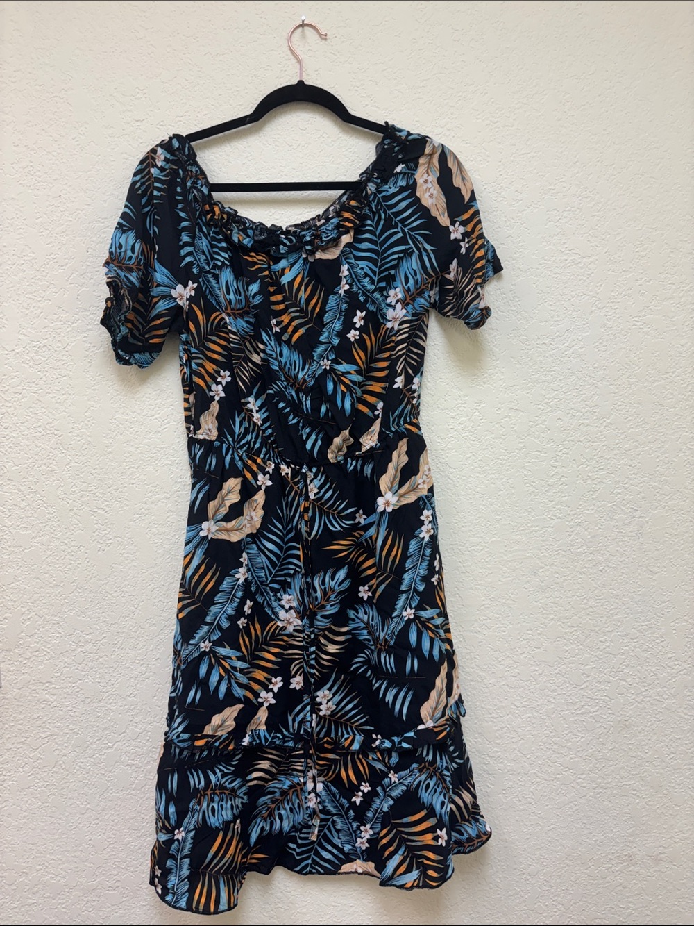 Tropical Leaf Midi Dress in Black, Blue & Tan